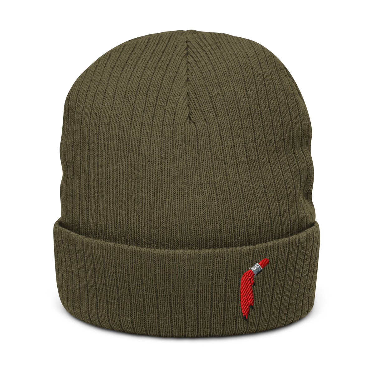 Olive green ribbed knit cuffed beanie featuring the Jewelry Waterfowl heavy leg design with a silver duck band on the front cuff.