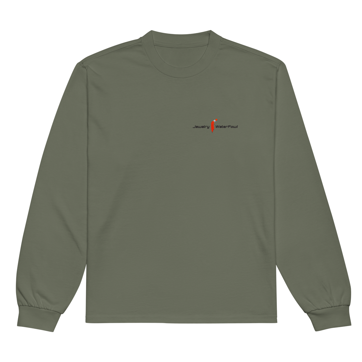 Jewelry Waterfowl signature heavyweight unisex long sleeve shirt in Cypress green with a small embroidered brand logo on the left chest.