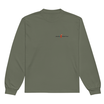 Jewelry Waterfowl signature heavyweight unisex long sleeve shirt in Cypress green with a small embroidered brand logo on the left chest.