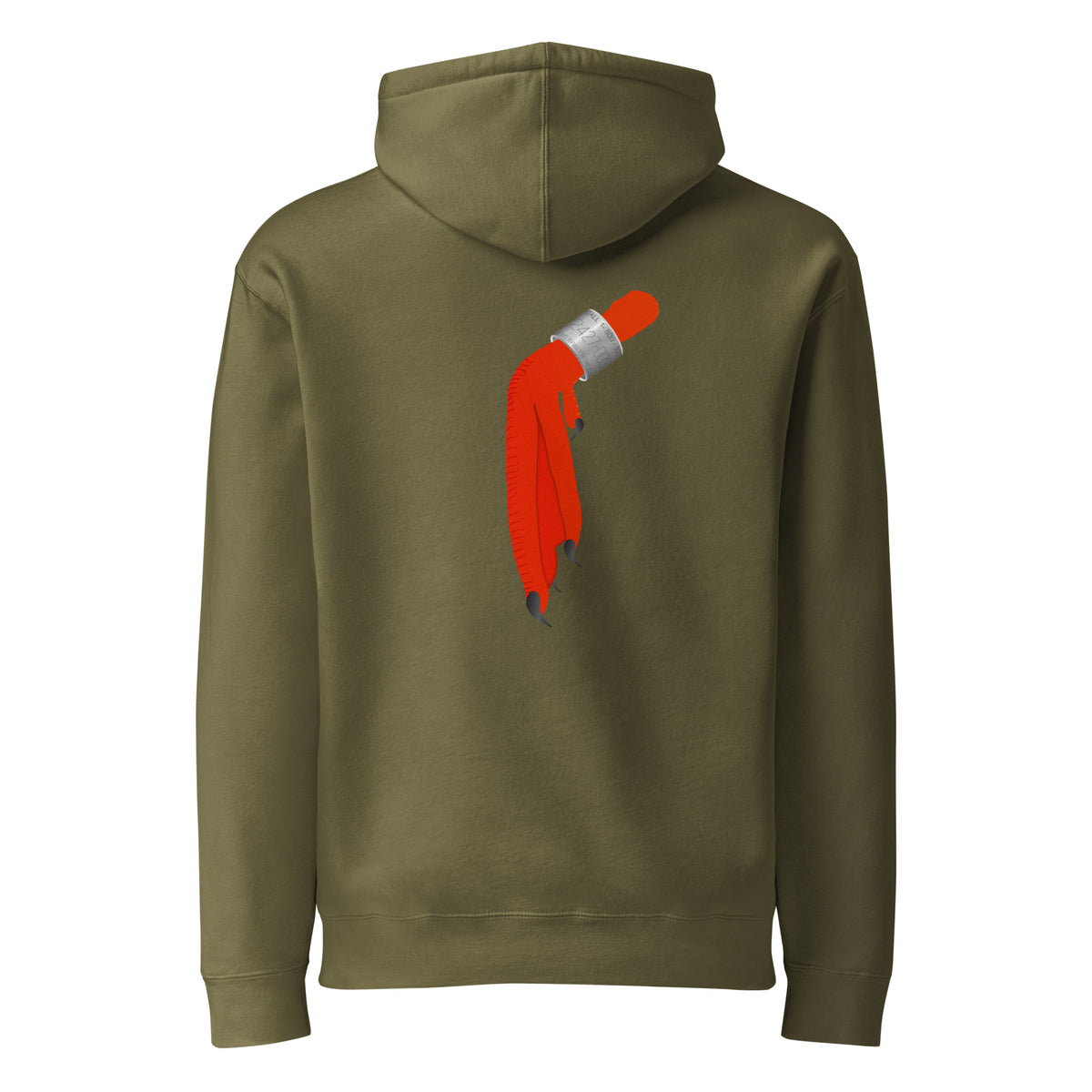 Army green heavyweight pullover hoodie featuring a large graphic print of the signature Jewelry WaterFowl heavy leg design centered on the back.