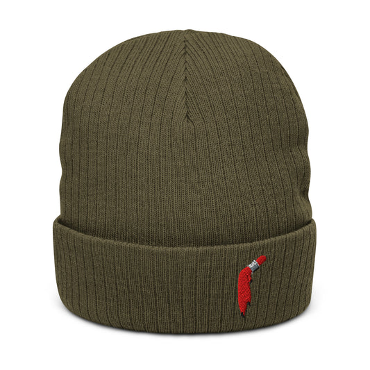 Olive green ribbed knit cuffed beanie featuring the Jewelry Waterfowl heavy leg design with a silver duck band on the front cuff.